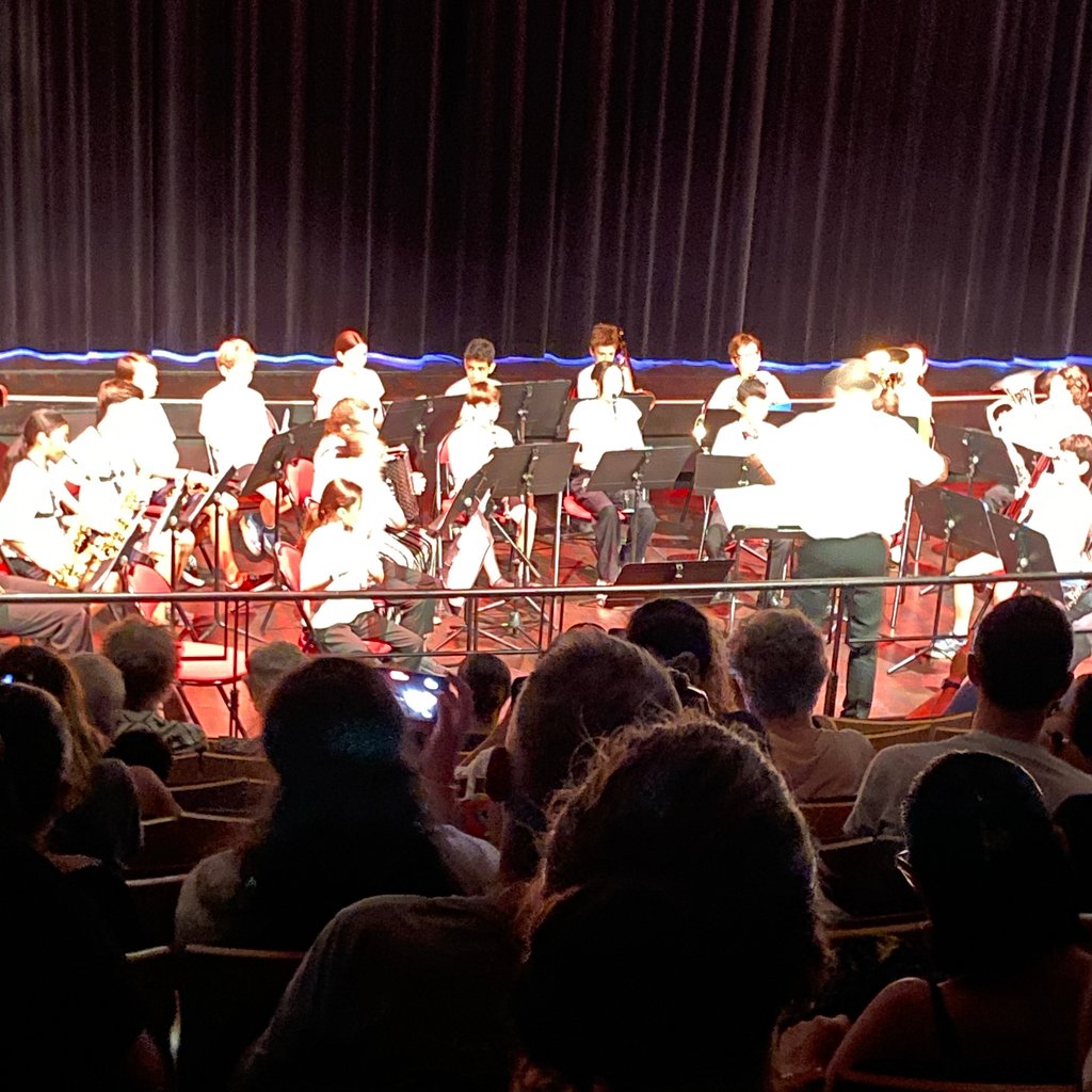 a crowd of people standing in front of a stage