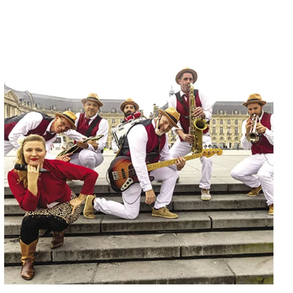 A trumpet on a purple couch