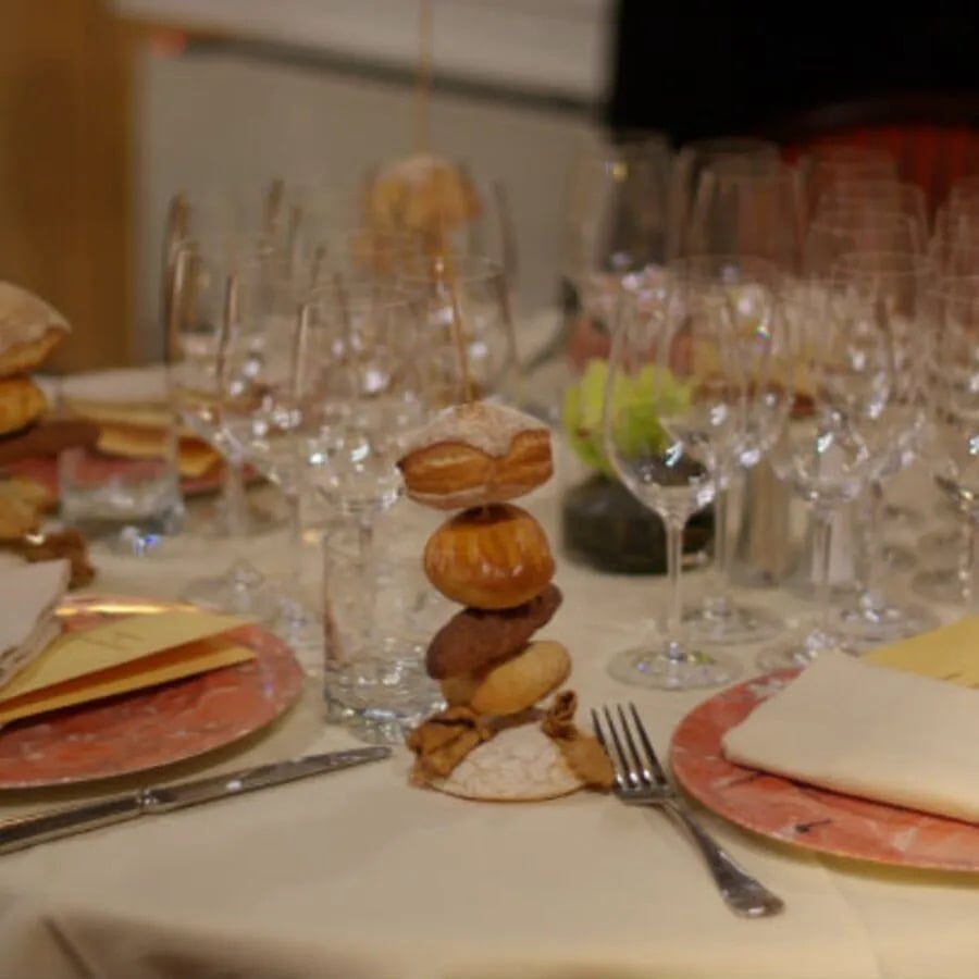 a table with a white table cloth on it