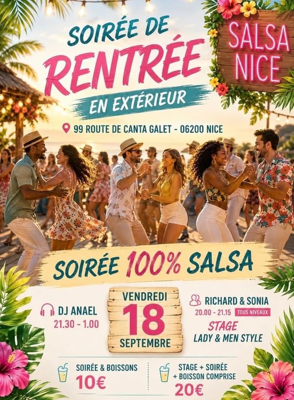 💃 Danse : Soirée 100% Salsa en extérieur & Stage à Nice